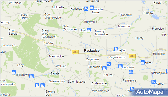 mapa Racławice powiat miechowski, Racławice powiat miechowski na mapie Targeo