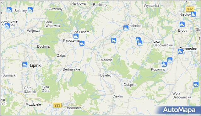 mapa Radość gmina Dębowiec, Radość gmina Dębowiec na mapie Targeo