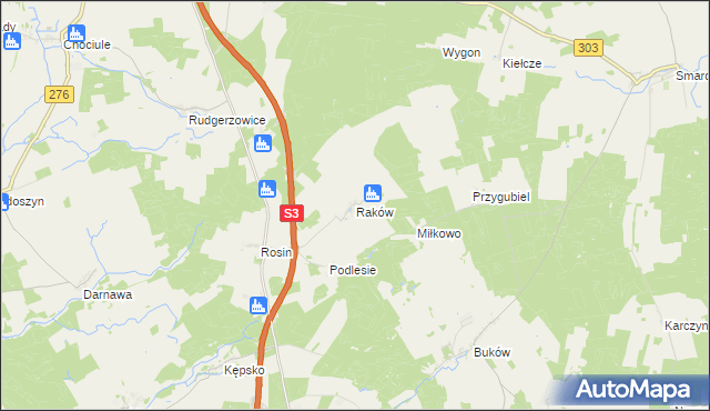 mapa Raków gmina Świebodzin, Raków gmina Świebodzin na mapie Targeo
