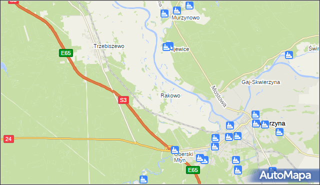 mapa Rakowo gmina Skwierzyna, Rakowo gmina Skwierzyna na mapie Targeo