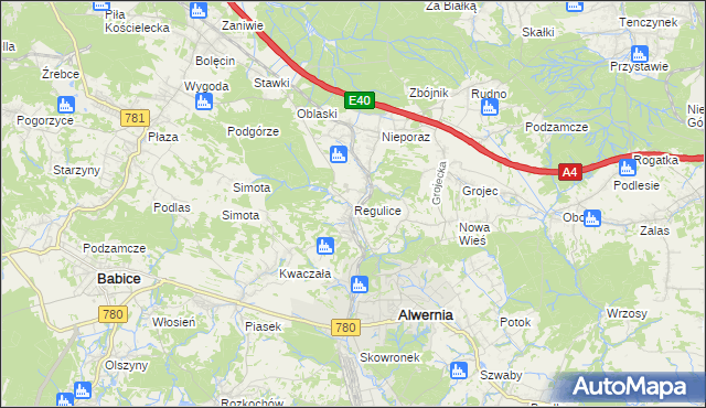 mapa Regulice gmina Alwernia, Regulice gmina Alwernia na mapie Targeo