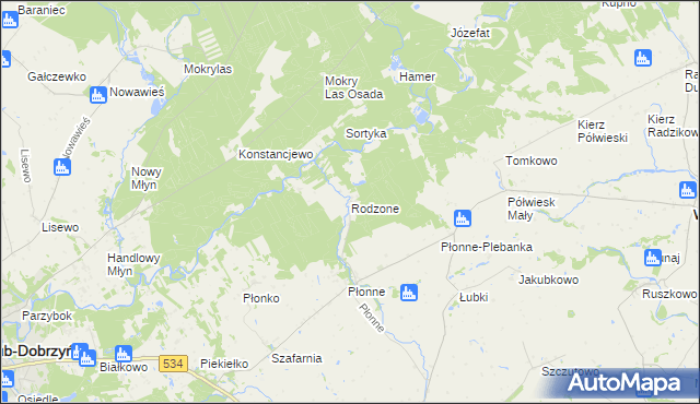 mapa Rodzone gmina Radomin, Rodzone gmina Radomin na mapie Targeo