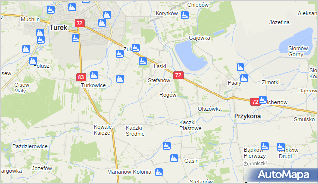 mapa Rogów gmina Przykona, Rogów gmina Przykona na mapie Targeo