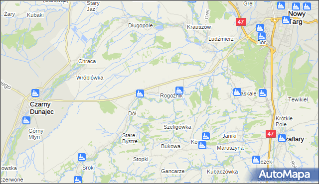 mapa Rogoźnik gmina Nowy Targ, Rogoźnik gmina Nowy Targ na mapie Targeo