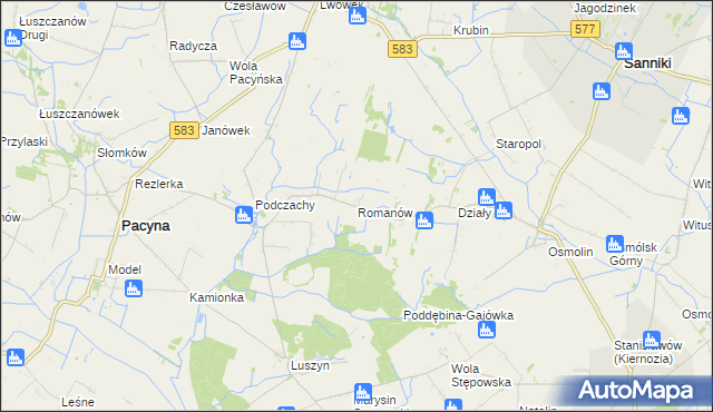 mapa Romanów gmina Pacyna, Romanów gmina Pacyna na mapie Targeo