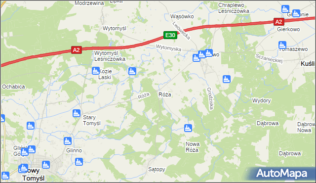 mapa Róża gmina Nowy Tomyśl, Róża gmina Nowy Tomyśl na mapie Targeo