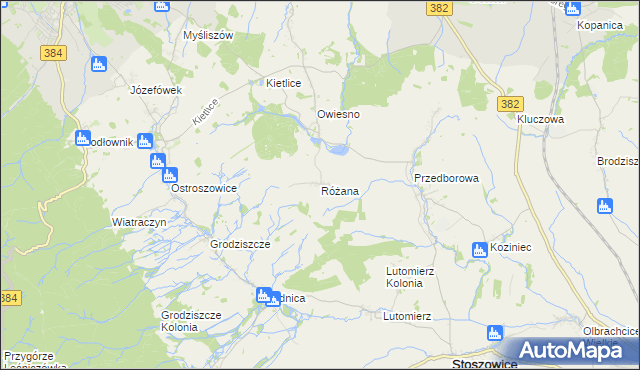 mapa Różana gmina Stoszowice, Różana gmina Stoszowice na mapie Targeo