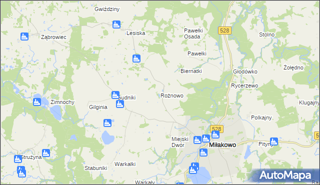 mapa Rożnowo gmina Miłakowo, Rożnowo gmina Miłakowo na mapie Targeo