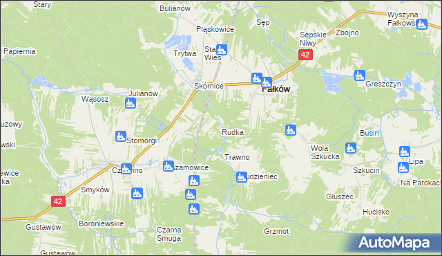 mapa Rudka gmina Fałków, Rudka gmina Fałków na mapie Targeo