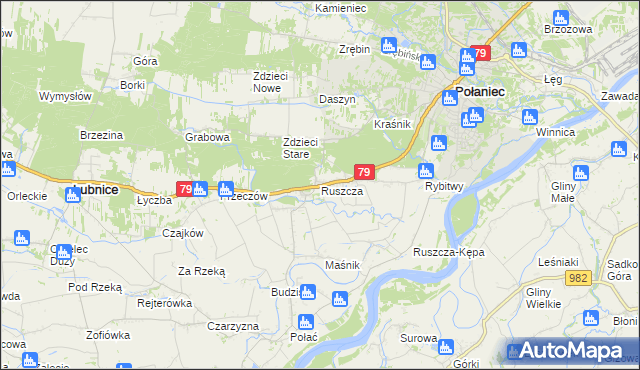 mapa Ruszcza gmina Połaniec, Ruszcza gmina Połaniec na mapie Targeo