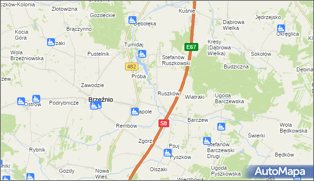 mapa Ruszków gmina Brzeźnio, Ruszków gmina Brzeźnio na mapie Targeo