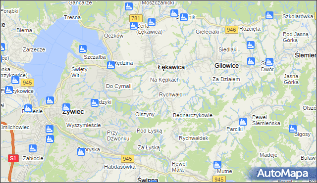 mapa Rychwałd gmina Gilowice, Rychwałd gmina Gilowice na mapie Targeo
