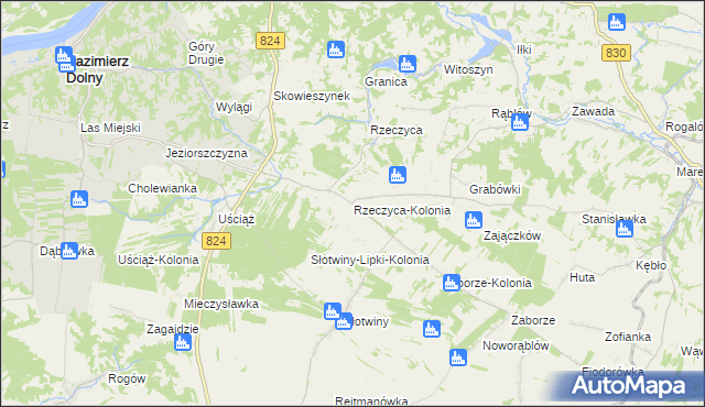 mapa Rzeczyca-Kolonia gmina Kazimierz Dolny, Rzeczyca-Kolonia gmina Kazimierz Dolny na mapie Targeo