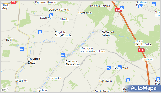 mapa Rzeczyca Ziemiańska-Kolonia, Rzeczyca Ziemiańska-Kolonia na mapie Targeo