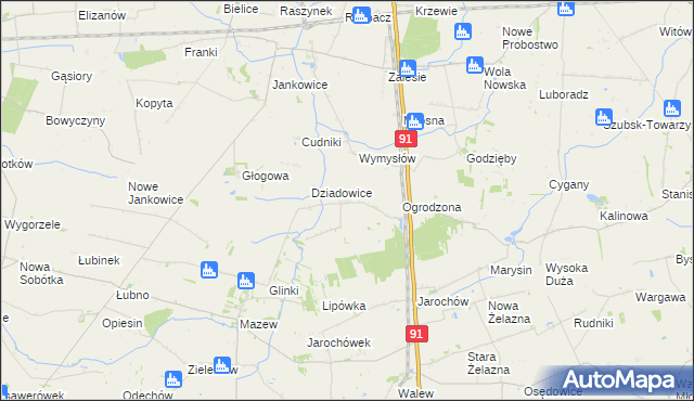 mapa Rzędków gmina Daszyna, Rzędków gmina Daszyna na mapie Targeo