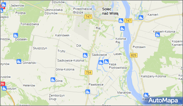 mapa Sadkowice gmina Solec nad Wisłą, Sadkowice gmina Solec nad Wisłą na mapie Targeo