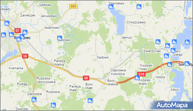 mapa Sadowo gmina Biskupiec, Sadowo gmina Biskupiec na mapie Targeo