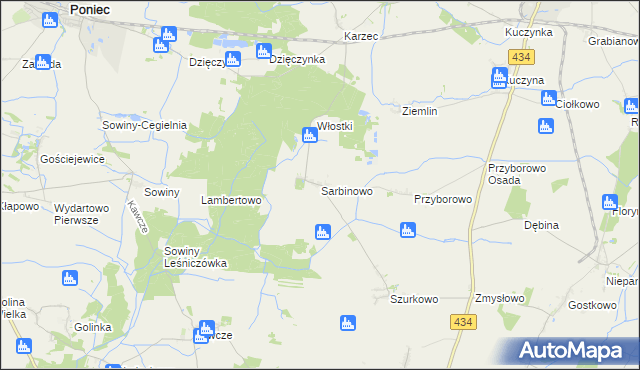 mapa Sarbinowo gmina Poniec, Sarbinowo gmina Poniec na mapie Targeo