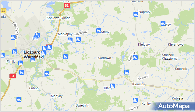 mapa Sarnowo gmina Lidzbark Warmiński, Sarnowo gmina Lidzbark Warmiński na mapie Targeo