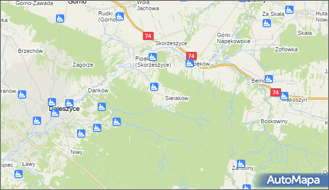mapa Sieraków gmina Daleszyce, Sieraków gmina Daleszyce na mapie Targeo