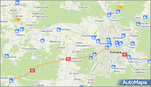 mapa Sierosławice gmina Końskie, Sierosławice gmina Końskie na mapie Targeo