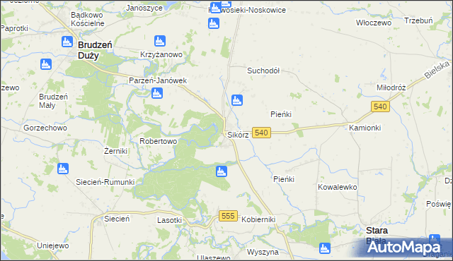 mapa Sikórz gmina Brudzeń Duży, Sikórz gmina Brudzeń Duży na mapie Targeo