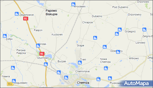 mapa Skąpe gmina Chełmża, Skąpe gmina Chełmża na mapie Targeo