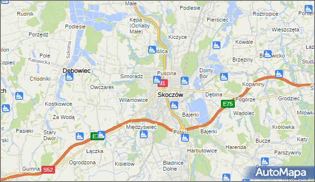 mapa Skoczów powiat cieszyński, Skoczów powiat cieszyński na mapie Targeo