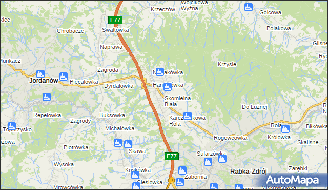 mapa Skomielna Biała, Skomielna Biała na mapie Targeo