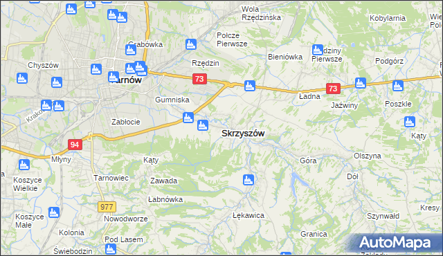 mapa Skrzyszów powiat tarnowski, Skrzyszów powiat tarnowski na mapie Targeo
