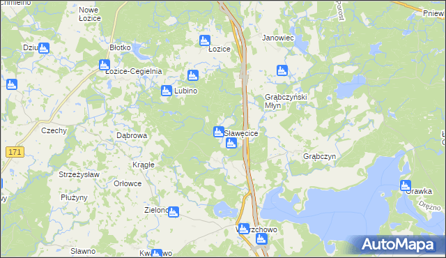 mapa Sławęcice gmina Szczecinek, Sławęcice gmina Szczecinek na mapie Targeo