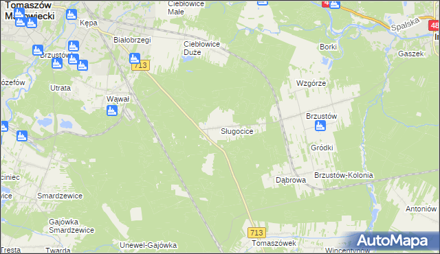 mapa Sługocice gmina Tomaszów Mazowiecki, Sługocice gmina Tomaszów Mazowiecki na mapie Targeo