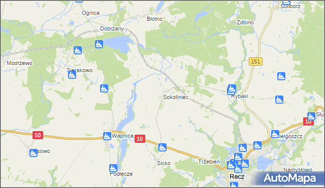 mapa Sokoliniec gmina Recz, Sokoliniec gmina Recz na mapie Targeo