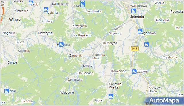 mapa Sopotnia Mała, Sopotnia Mała na mapie Targeo