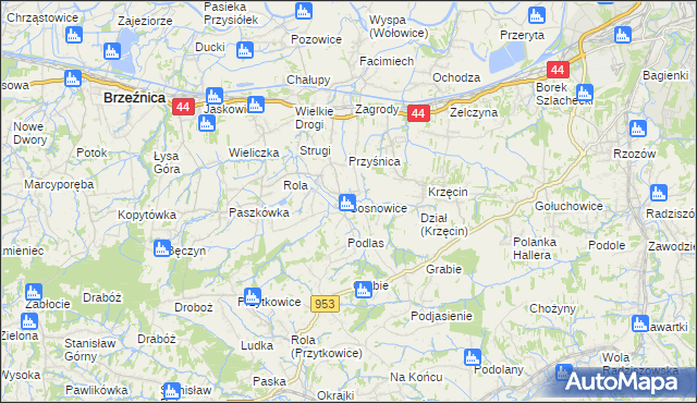 mapa Sosnowice gmina Brzeźnica, Sosnowice gmina Brzeźnica na mapie Targeo
