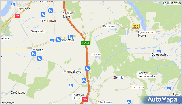 mapa Srocko gmina Stęszew, Srocko gmina Stęszew na mapie Targeo