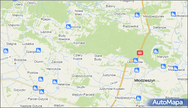mapa Stare Budy gmina Młodzieszyn, Stare Budy gmina Młodzieszyn na mapie Targeo