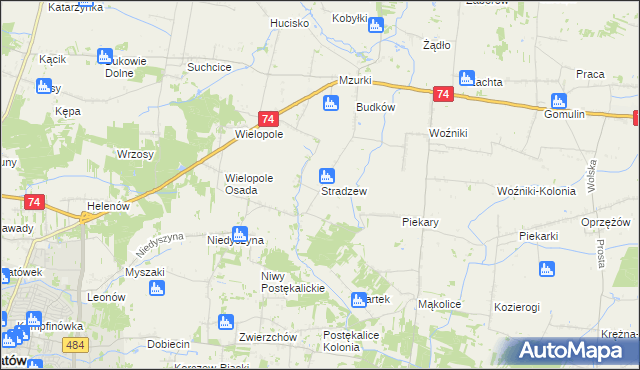 mapa Stradzew gmina Wola Krzysztoporska, Stradzew gmina Wola Krzysztoporska na mapie Targeo
