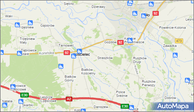 mapa Straszków gmina Kościelec, Straszków gmina Kościelec na mapie Targeo