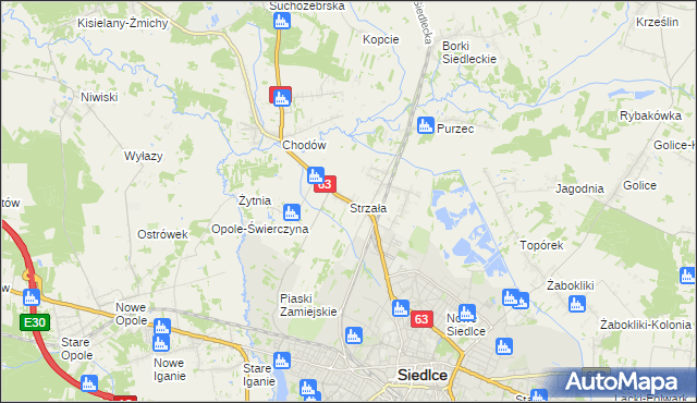 mapa Strzała gmina Siedlce, Strzała gmina Siedlce na mapie Targeo