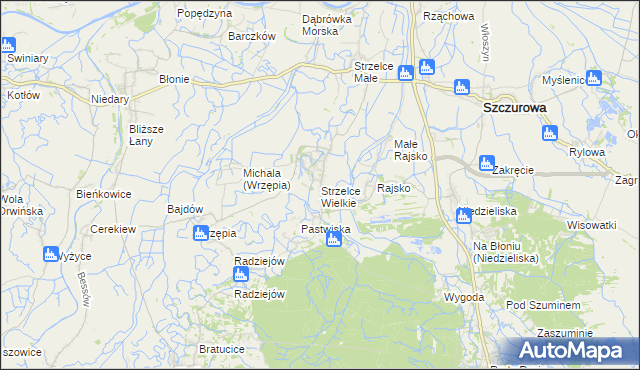 mapa Strzelce Wielkie gmina Szczurowa, Strzelce Wielkie gmina Szczurowa na mapie Targeo