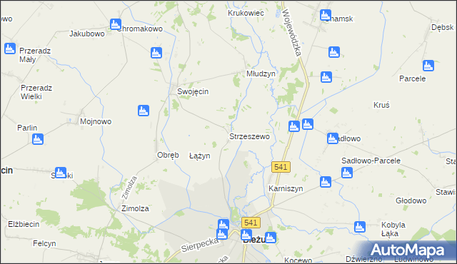 mapa Strzeszewo gmina Bieżuń, Strzeszewo gmina Bieżuń na mapie Targeo