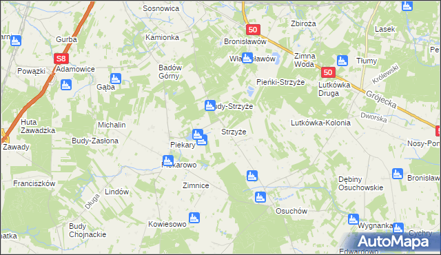 mapa Strzyże gmina Mszczonów, Strzyże gmina Mszczonów na mapie Targeo