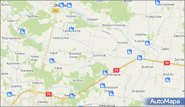 mapa Suchcice gmina Drużbice, Suchcice gmina Drużbice na mapie Targeo