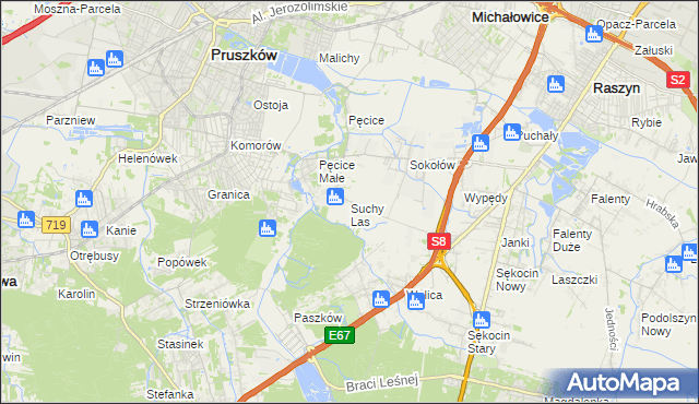 mapa Suchy Las gmina Michałowice, Suchy Las gmina Michałowice na mapie Targeo