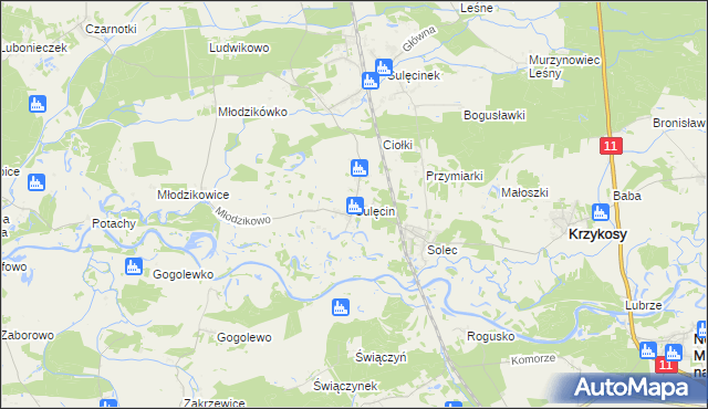 mapa Sulęcin gmina Krzykosy, Sulęcin gmina Krzykosy na mapie Targeo
