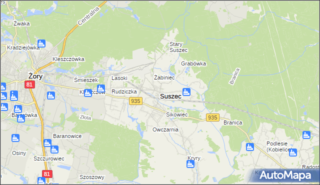 mapa Suszec powiat pszczyński, Suszec powiat pszczyński na mapie Targeo