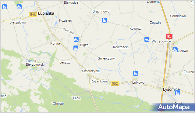 mapa Świerczyny gmina Łysomice, Świerczyny gmina Łysomice na mapie Targeo