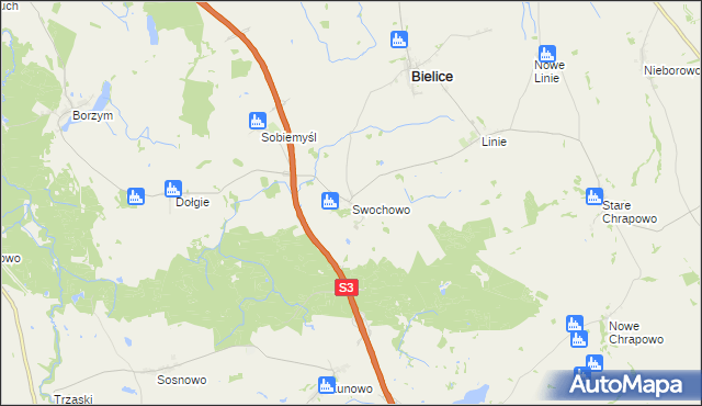 mapa Swochowo gmina Bielice, Swochowo gmina Bielice na mapie Targeo