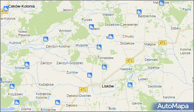 mapa Tomaszew gmina Lisków, Tomaszew gmina Lisków na mapie Targeo